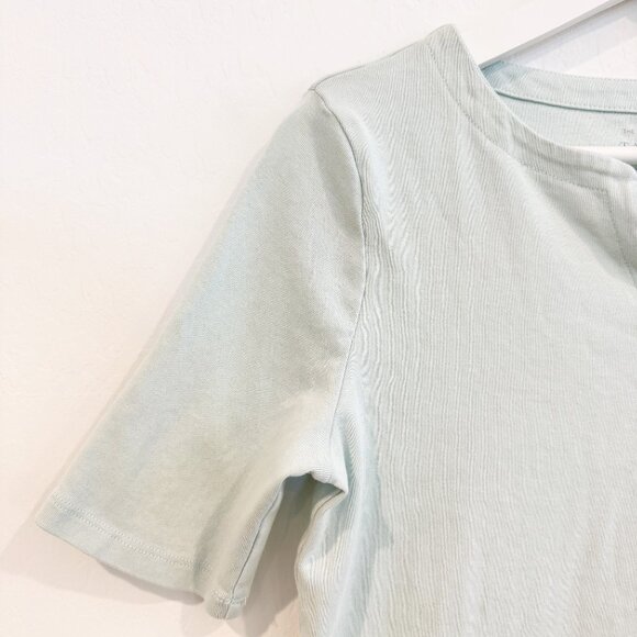 Talbots Split Neck Short Sleeve Basic Tee in Green Blue Casual Boho Size Medium - Picture 2 of 7